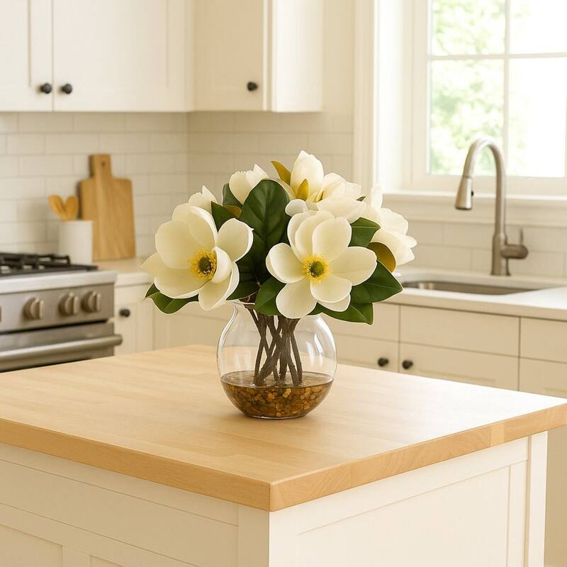 HomeStock Cream Magnolias in Clear Glass Bubble Bowl - Timeless Faux Floral Centerpiece for Living Rooms - 18