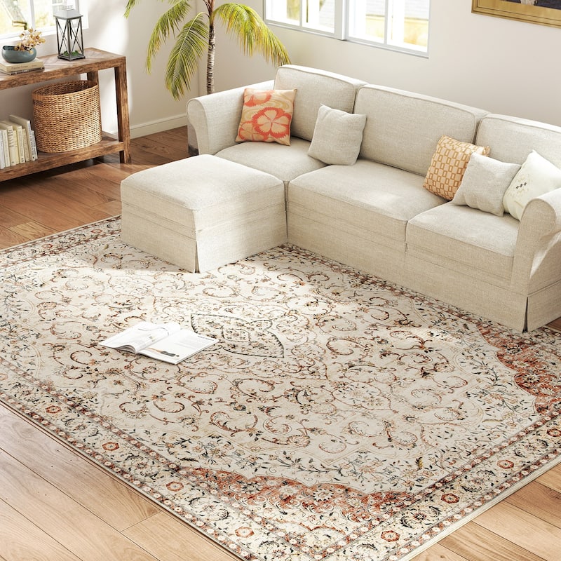 HOMCOM Area Rug 8x10, Machine Washable Rug, Non-Slip Classical Floral Print Floor Cover Foldable Carpet for Living Room
