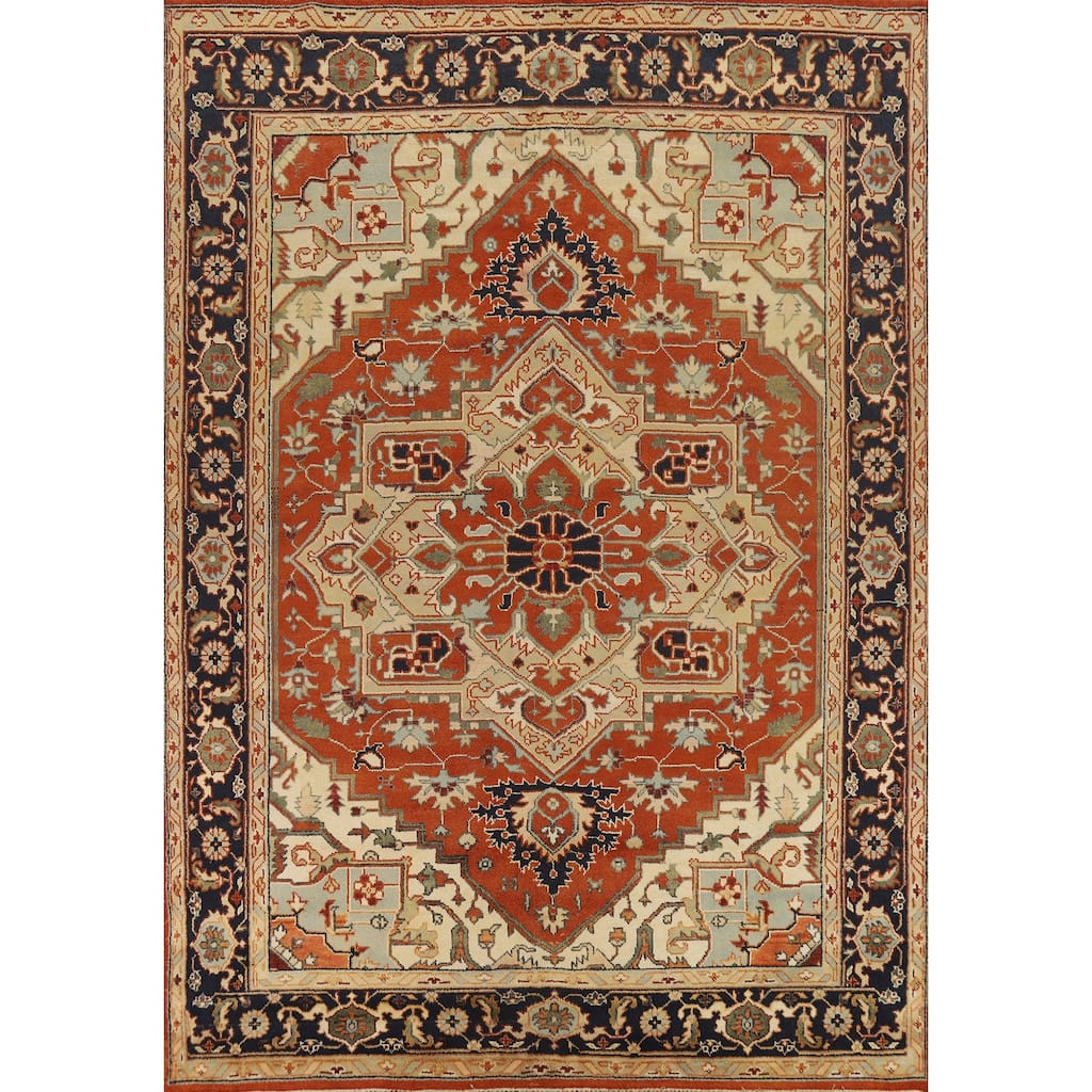 Hand Knotted Oriental 100% Wool Carpet Traditional Medallion Oranges & Rust Heriz (serapi) Area Rug - 11' 10'' X 9' 2''