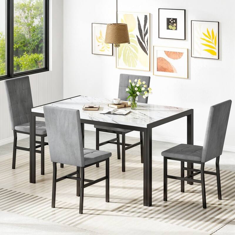 Grondin Faux Marble Kitchen Table And Chairs Set for 4, Modern Dining Room Table With 4 Armless Upholstered Dining Chairs - Gray Velvet