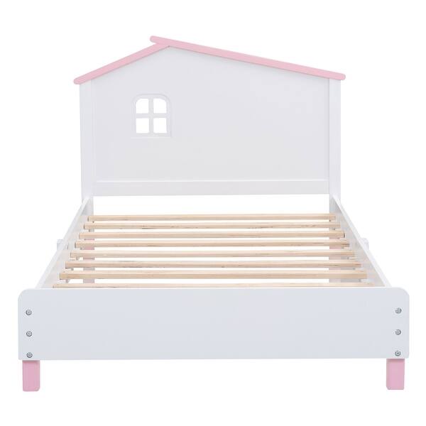 slide 2 of 9, Twin Wood Platform Bed with House Headboard - Pine Frame White+Pink - Twin