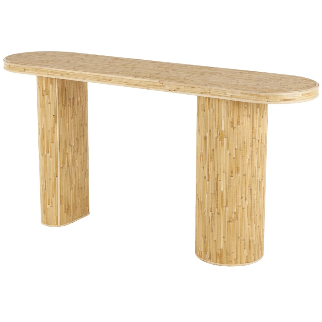 Rattan Handmade Textured Oval Console Table with Linear Wood Strip Design - Brown - Roche River Decor