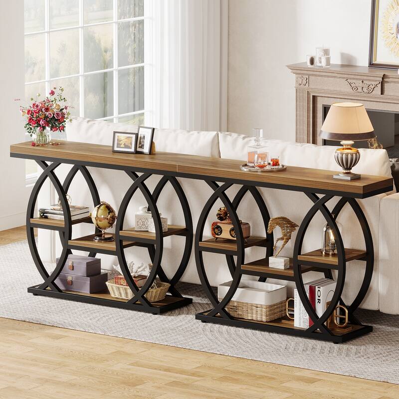 Industrial Console Table, 4-Tier Sofa Table with Geometric Metal Frame