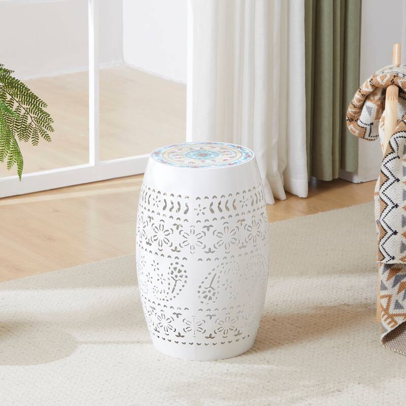 18.25" Modern Round Side Table with Boho Pattern Ceramic Tile Top and Unique Color Iron Frame