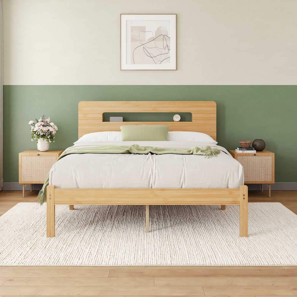 14" Heavy Duty Bamboo & Metal Platform Bed Frame with Headboard