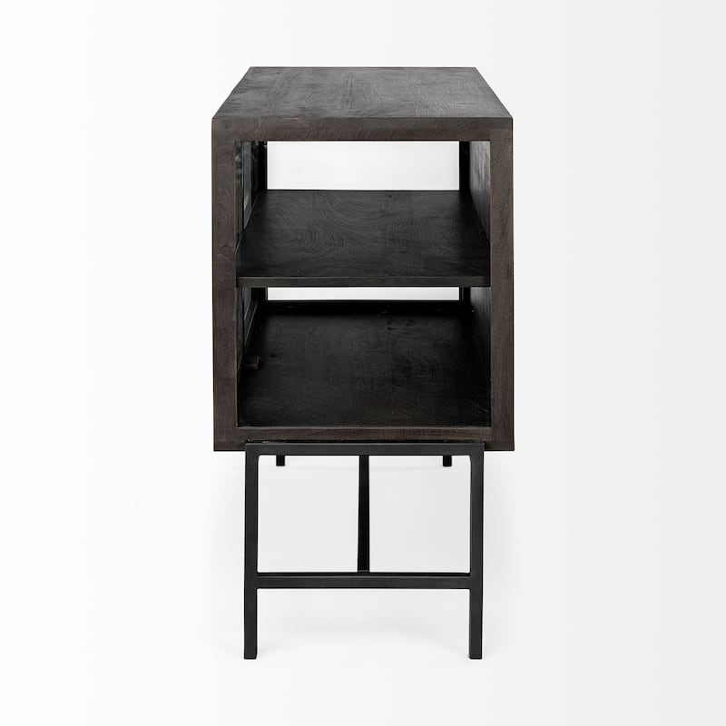 Arelius Light Brown Solid Wood w/ Black Iron Frame & 2 Glass Doors Accent Cabinet - 36.0L x 18.0W x 32.0H
