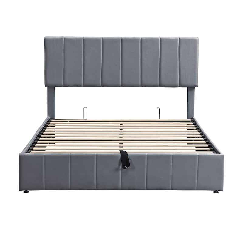Linen Upholstered Bed Low Profile Platform Bed Storage Bedframe with Hydraulic Storage System, Headboard and Slats Support