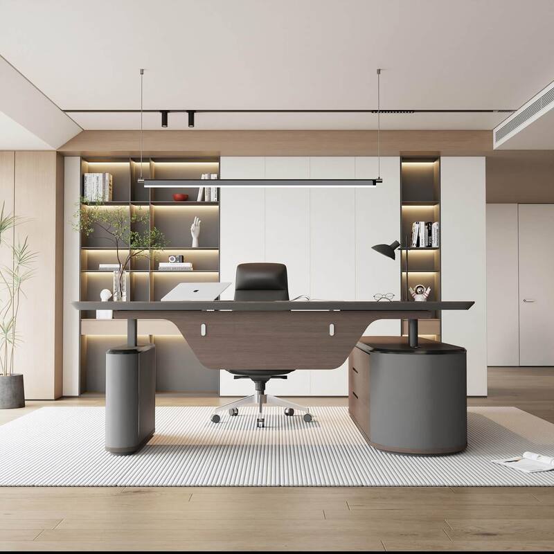 WESOME Sit & Stand Adjustable Height Reversible L Shaped Executive Desk with File Cabinets Drawers Universal Charging Ports