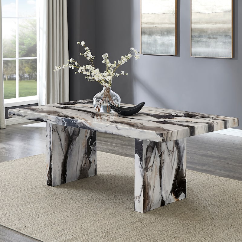 Roundhill Furniture Cavira 5-Piece Modern Faux Marble Dining Set, Double Pedestal Table with 4 Upholstered Chairs