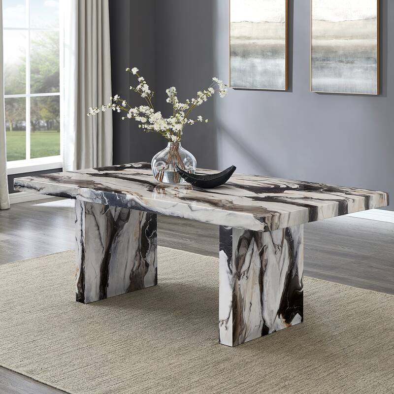 Roundhill Furniture Cavira 7-Piece Modern Faux Marble Dining Set, Double Pedestal Table with 6 Upholstered Chairs