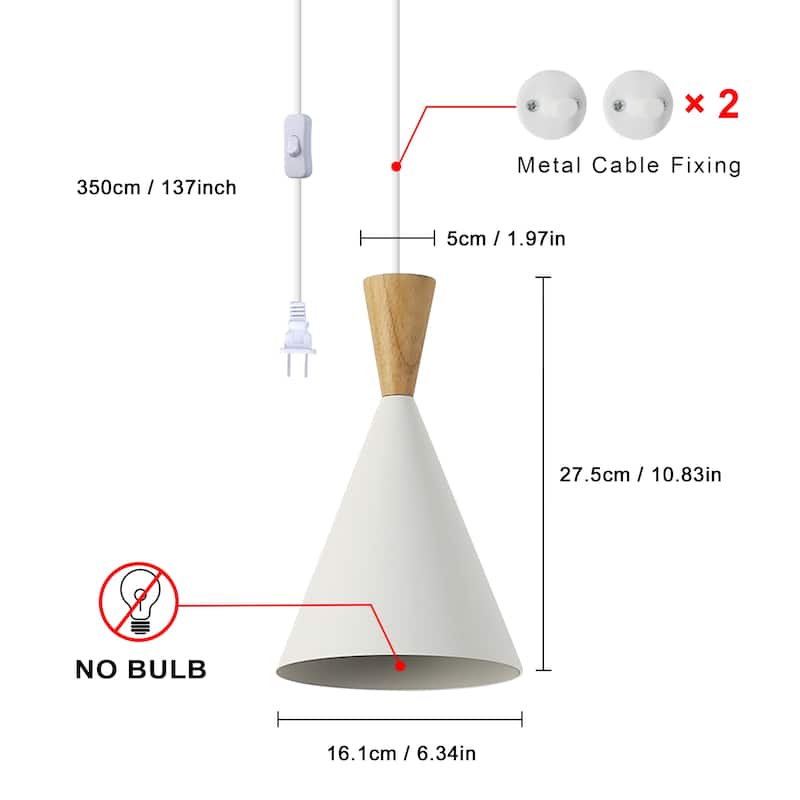 Modern Black/White Pendant Light Fixture with Plug in Cord Wood Metal, Adjustable Chandelier Hanging Lamps for Bedroom