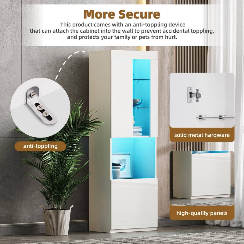 High Gloss Storage Cabinet with LED Lights and Acrylic Door, Tall Pantry Display Cabinet - 21.6" W × 13.7" D × 66.9" H