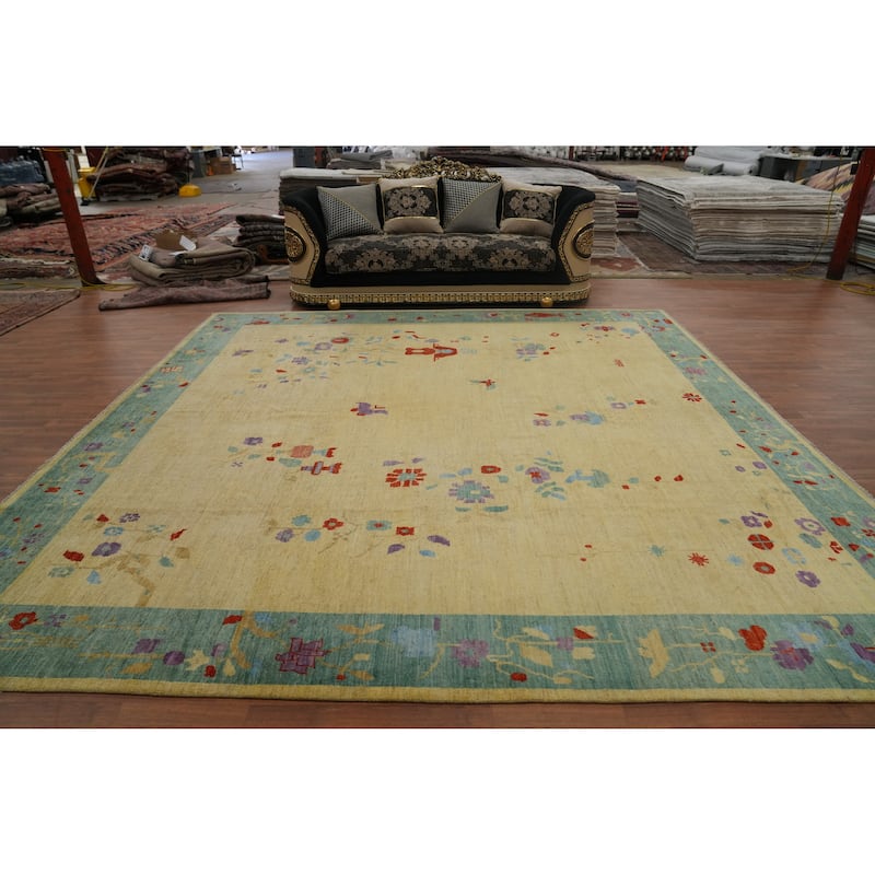 Hand Knotted Traditional Wool Yellow Floral Area Rug - 11' 9'' X 11' 8''