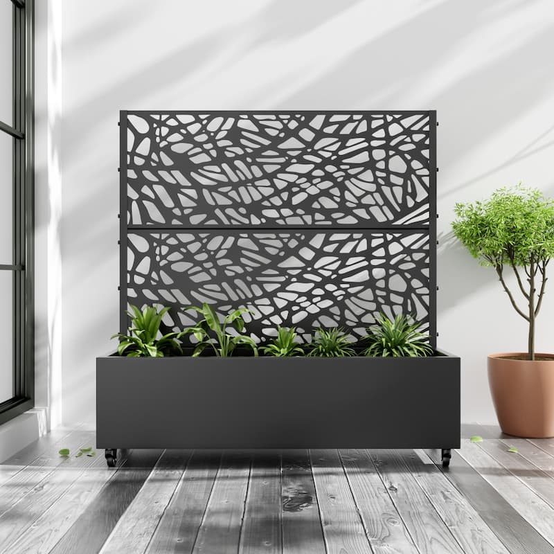Metal Movable Planter Box with Trellis Privacy Screen Planter Box with Lockable Wheels - Black3