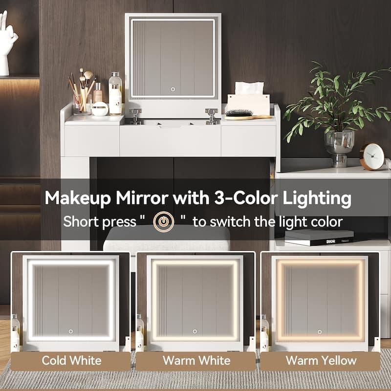 3-in-1 Makeup Vanity Desk with Stool, Flip-Top Mirror, Adjustable 3 Colors Lighting & Retractable Side Cabinet