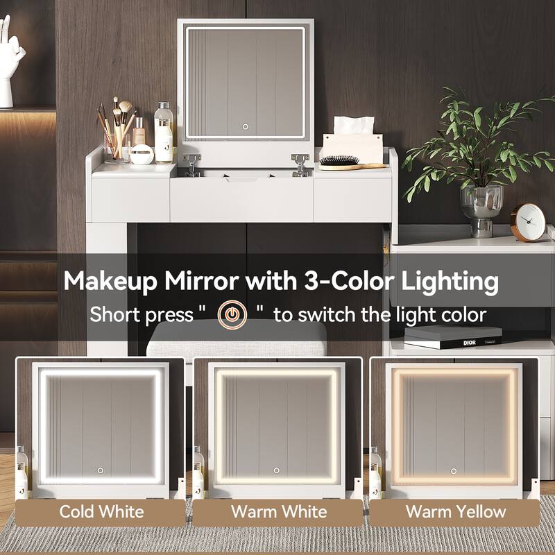 Bedroom Dressing Table and Stool Set of 2, 3-in-1 Makeup Vanity Desk with 3-Color Lighted Mirror & Retractable Side Cabinet