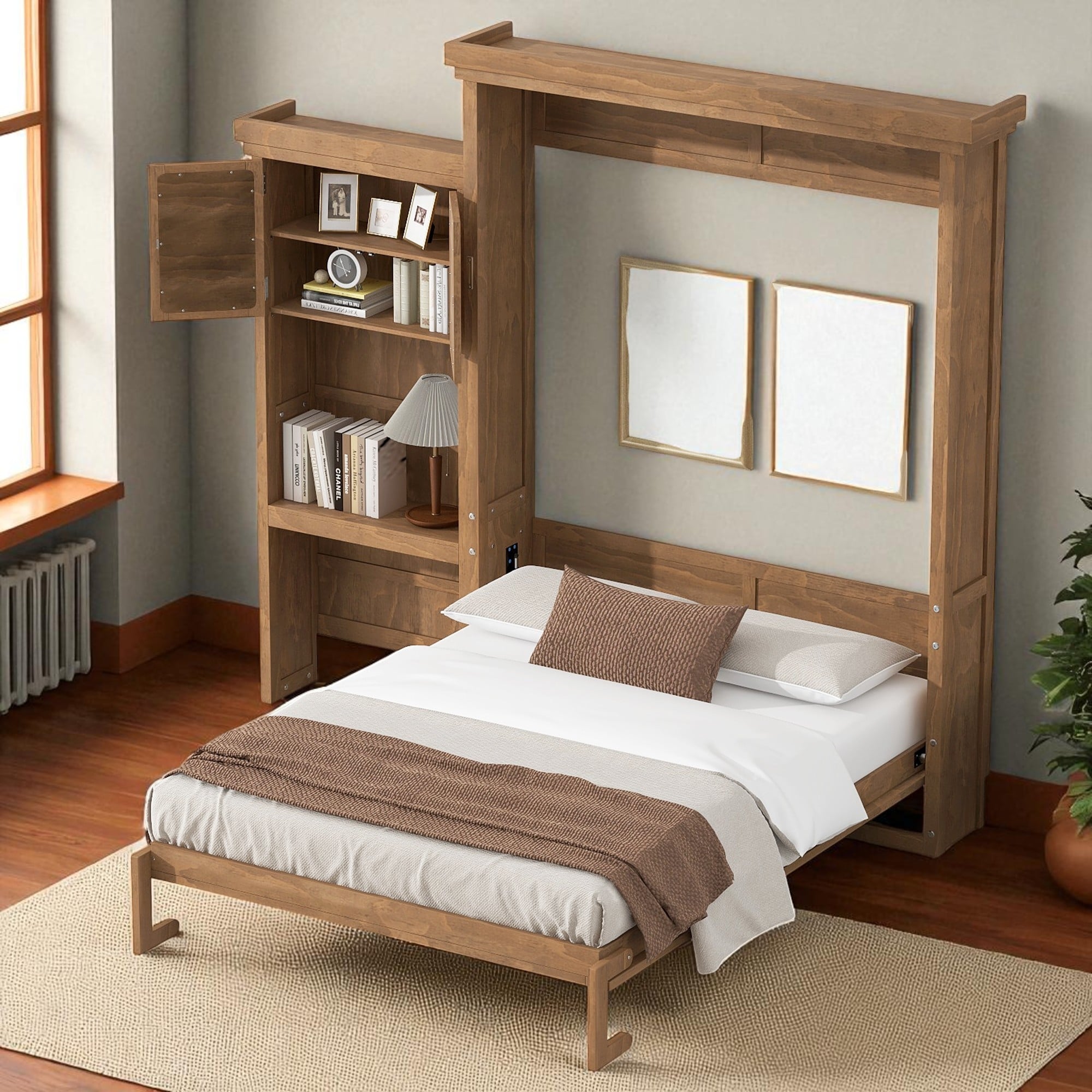 Queen Size Murphy Bed with Shelves, Louvered Doors & Foldable Design - Space-Saving Wall Bed with Storage