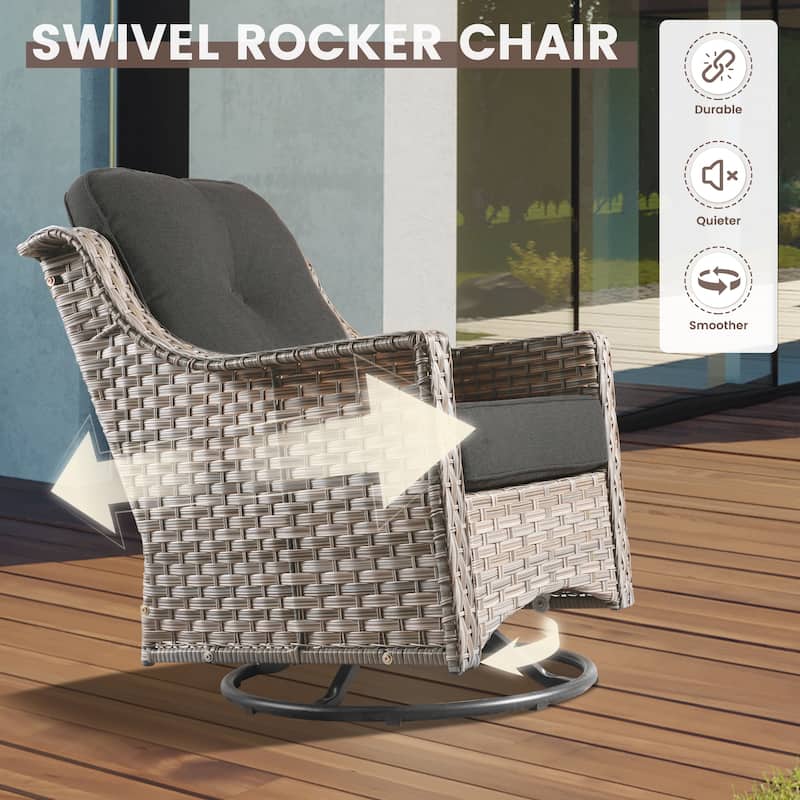 OVIOS 8 Pieces Outdoor Wicker Swivel Chair Set With Solar-Powered Coffee Table
