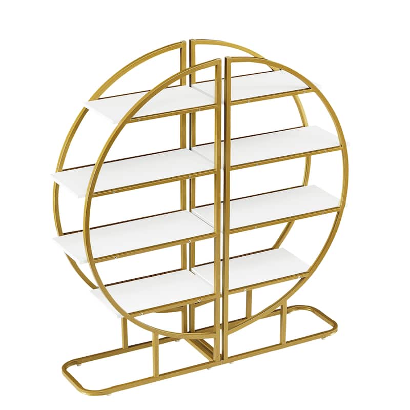 Roomfitters 4-Tier Round Bookshelf for Home Office, Open Shelf with Gold Frame and MDF Board, Multiple Placements, Golden+White