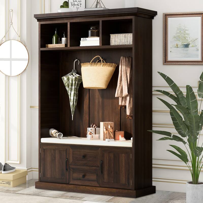 47"W Hall Tree with 3 Metal Double Hooks,3 Open Shelves,Shoe Storage - 3-in-1