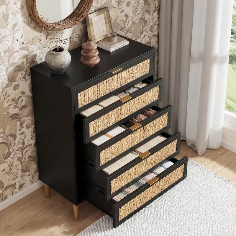 5 Drawers Tall Rattan Dresser, with Metal Legs and Handles, 44''