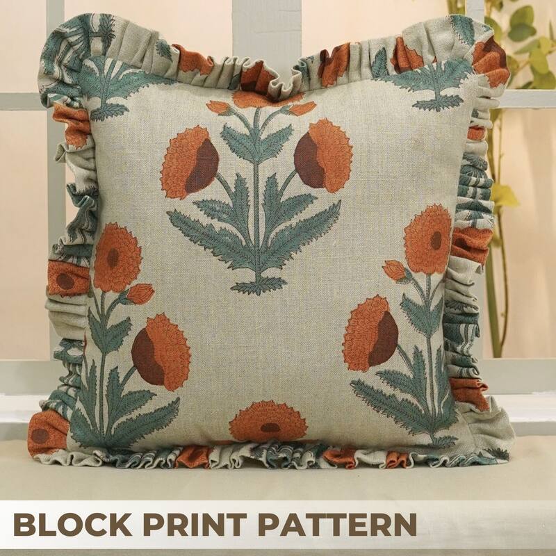 Fabdivine Orange Handmade Flower Pattern Thick Linen Block Print Pillow Cover