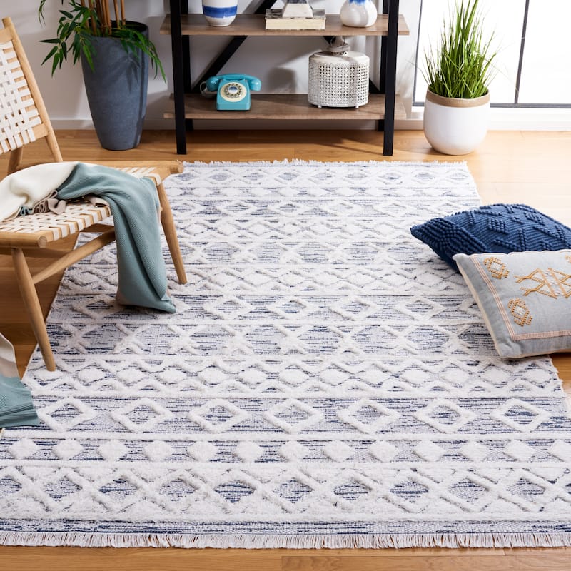SAFAVIEH Augustine Tahmina Moroccan Boho Fringe Rug - 5' x 7'7" - Navy/Ivory