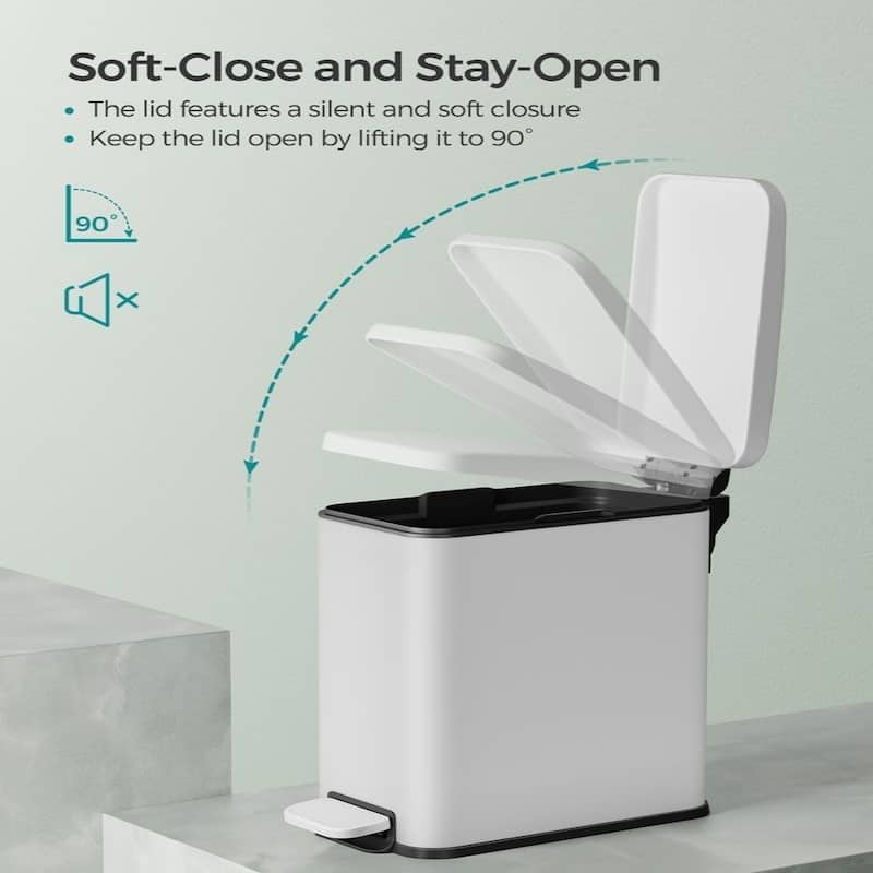 Stainless Steel Slim Bathroom Trash Can with Soft-Close Lid and Plastic Removable Inner Bucket