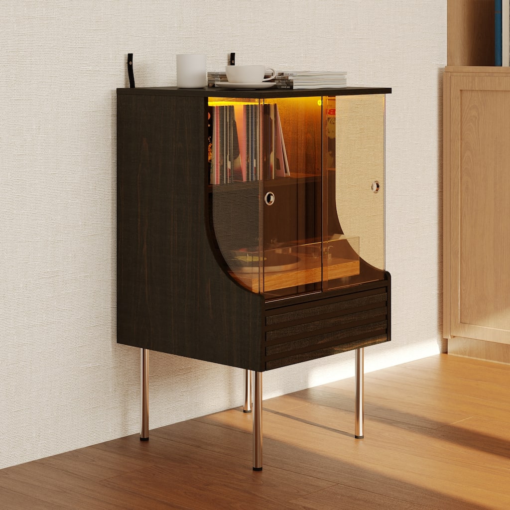 Record Player Stand with Glass Doors Vinyl Record Cabinet with LED Light Media Cabinet - 19.7"x19.7"x35.4"