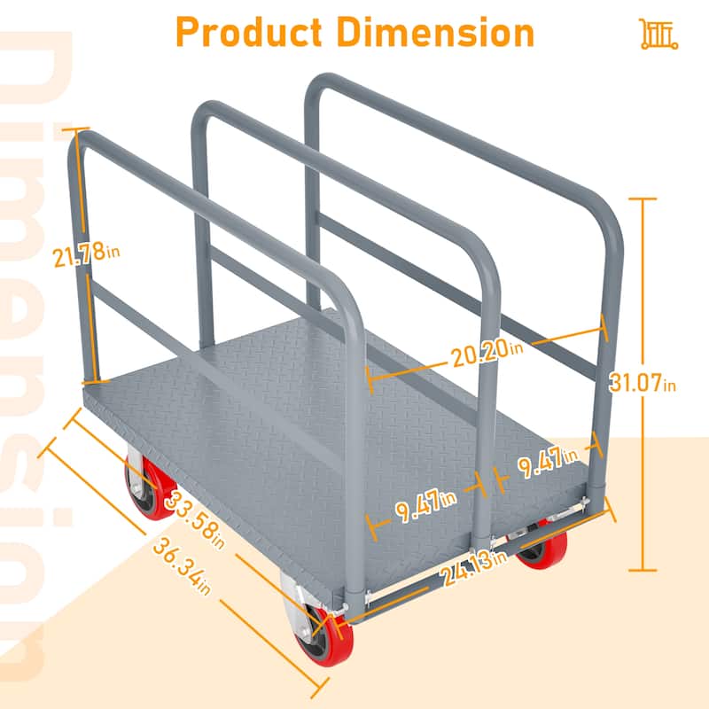 Heavy Duty Steel Panel Truck - 2000 lbs Drywall & Lumber Cart with 3 Side Handrails, 6" Swivel Brake Casters, 36"x24"