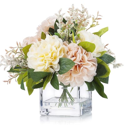 Enova Home Artificial Silk Dahlia Fake Flowers Arrangement in Clear Glass Vase with Faux Water for Home Wedding Decoration - N/A