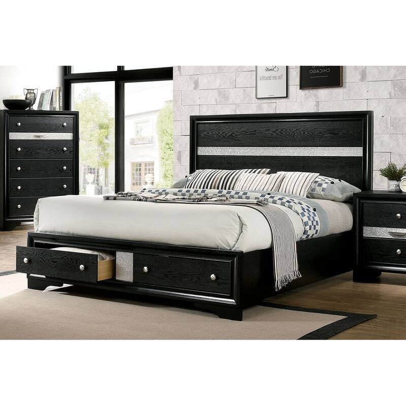 Queen Size Black Panel Headboard Bed with Drawers