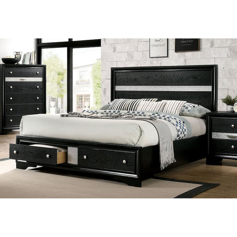 Queen Size Solid Wood Storage Bed with Panel Headboard, English Dovetail Drawers - Black