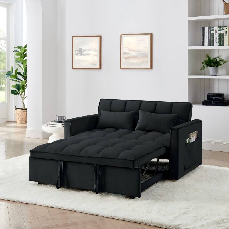 Anmytek 54.33 Inch Space-Saving Velvet Sofa Bed - 3 Lengths Foldable Pull-Out Adjustable Back - Black