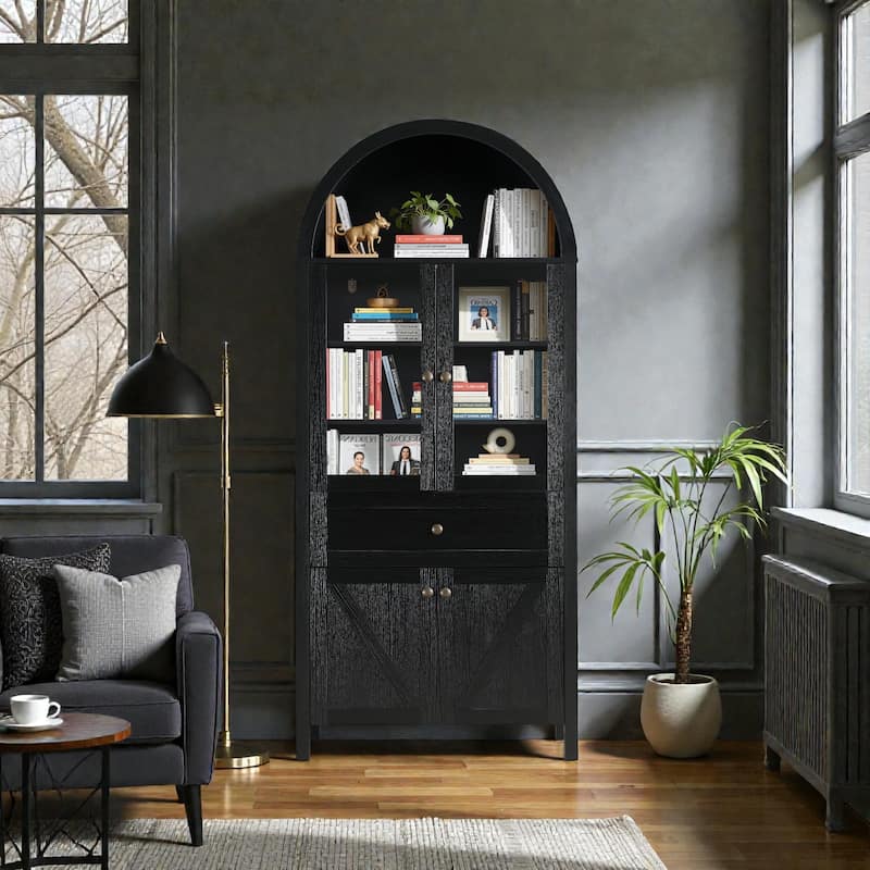 Vintage Dome Cabinet with Arched Design, Large Storage Display Cabinet with Adjustable Shelves for Living Room - Black