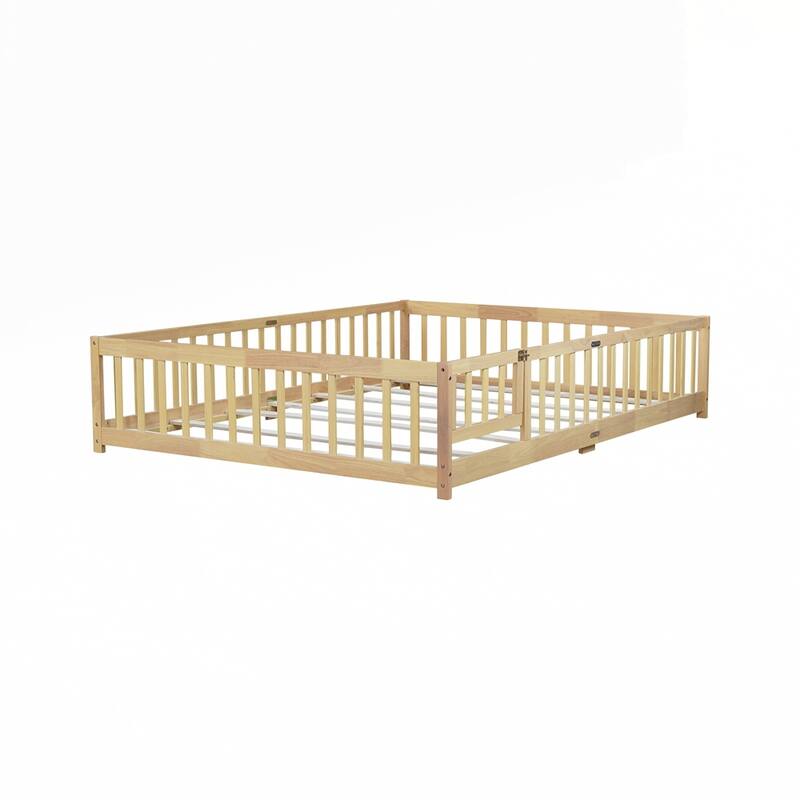 Rubber Wood Floor Bed with Safety Guardrails