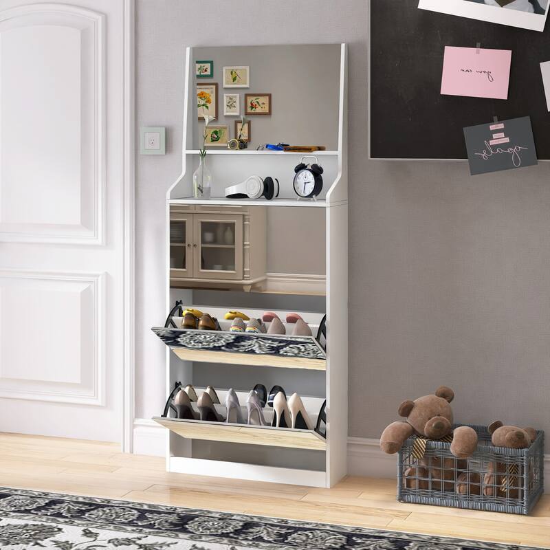Freestanding Shoe Storage Rack Cabinet with 3 Mirrors, Durable MDF Design, Perfect for Hallway or Bedroom Organization