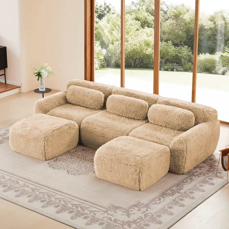 Modular Sectional Sofa Couches,Bottom Anti-Slip Design,32D High Density Sponge - Light Khaki-3 Seat(2 Ottoman)