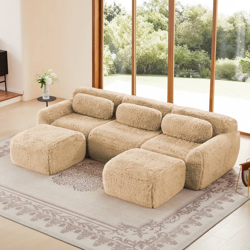 U-shaped Boneless Sofa, 32D High Density Sponge Bottom, Anti-Slip Design With Chaise, Free Combination, Deep Seat Design - Light Khaki