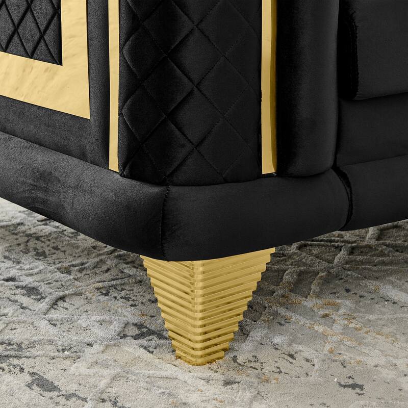 89 Inches Black Velvet 3 Seater Luxury Sofa with Gold Stainless Steel Trims and Embroidered Texture