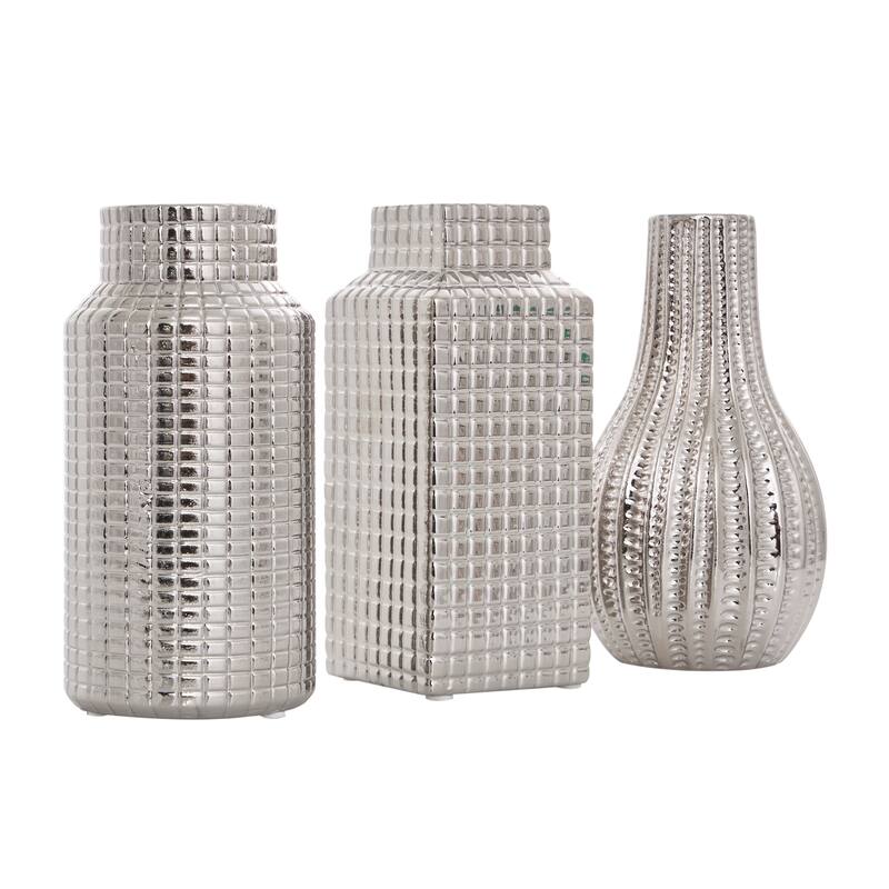 Gold, Cream or Silver Ceramic Dimensional Textured Geometric Vase with Varying Shapes and Grid Patterns (Set of 3)
