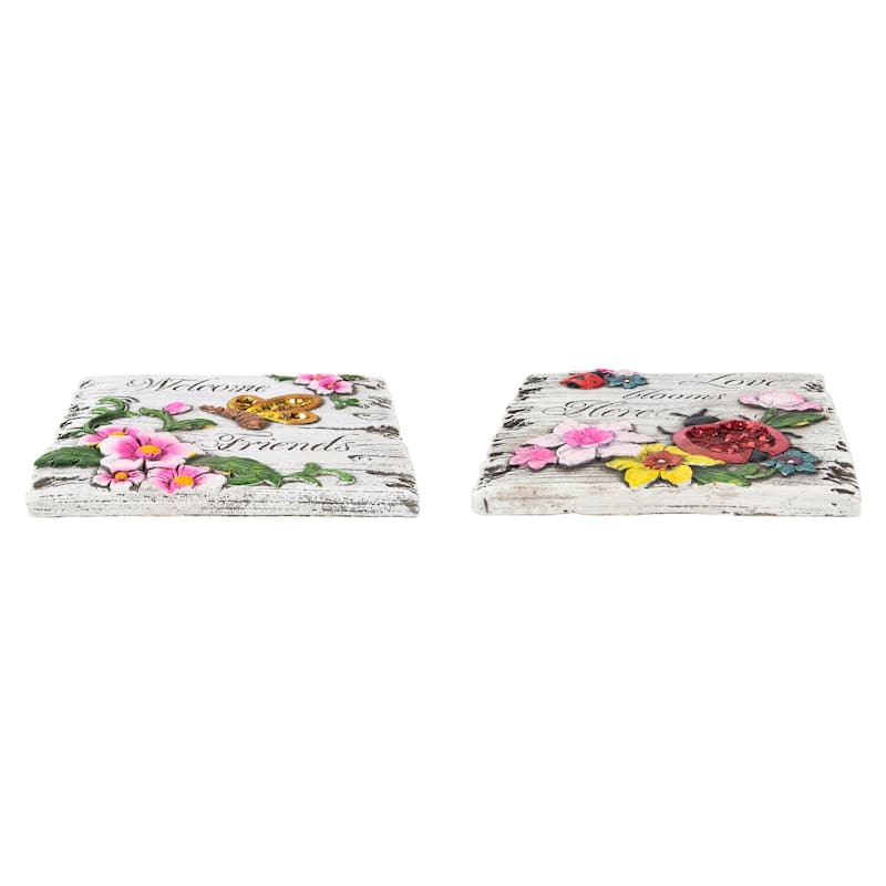 Set of 2 Love Blooms Welcome Friends Floral Outdoor Garden Stones 7"
