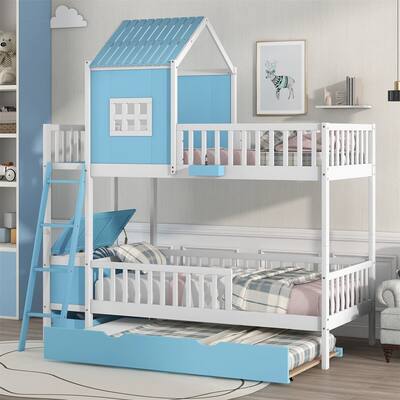 Merax Farmhouse Bunk Bed with Twin Trundle, Storage Box and Drawer