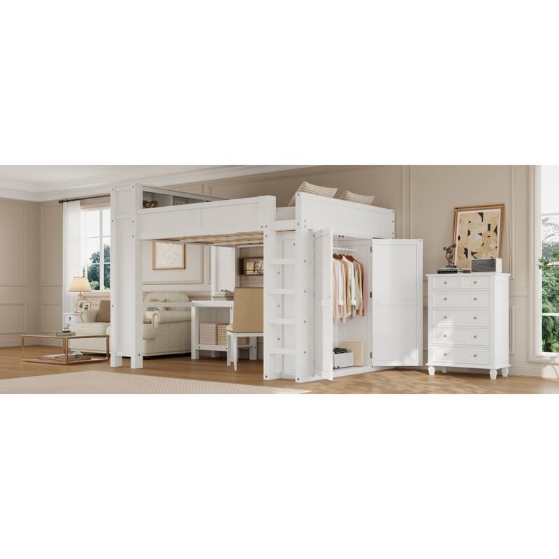 Roomfitters Queen Loft Bed with Wardrobe, Desk, Storage Headboard and USB