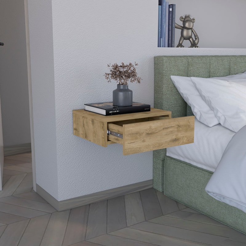 Modern Wall-Mounted Bedside Shelf with Drawer, Macadamia