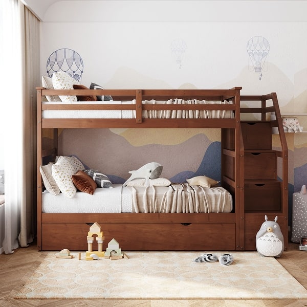 slide 2 of 33, Staircase Bunk Bed with Twin Size Trundle, Solid Wood Bed Frame with 3 Storage Stairs and Safety Guardrail, Twin-Over-Twin Size Walnut - Twin
