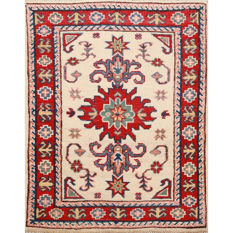 Ivory Kazak Oriental Accent Foyer Rug Handmade Wool Carpet - 2'0"x 3'0"