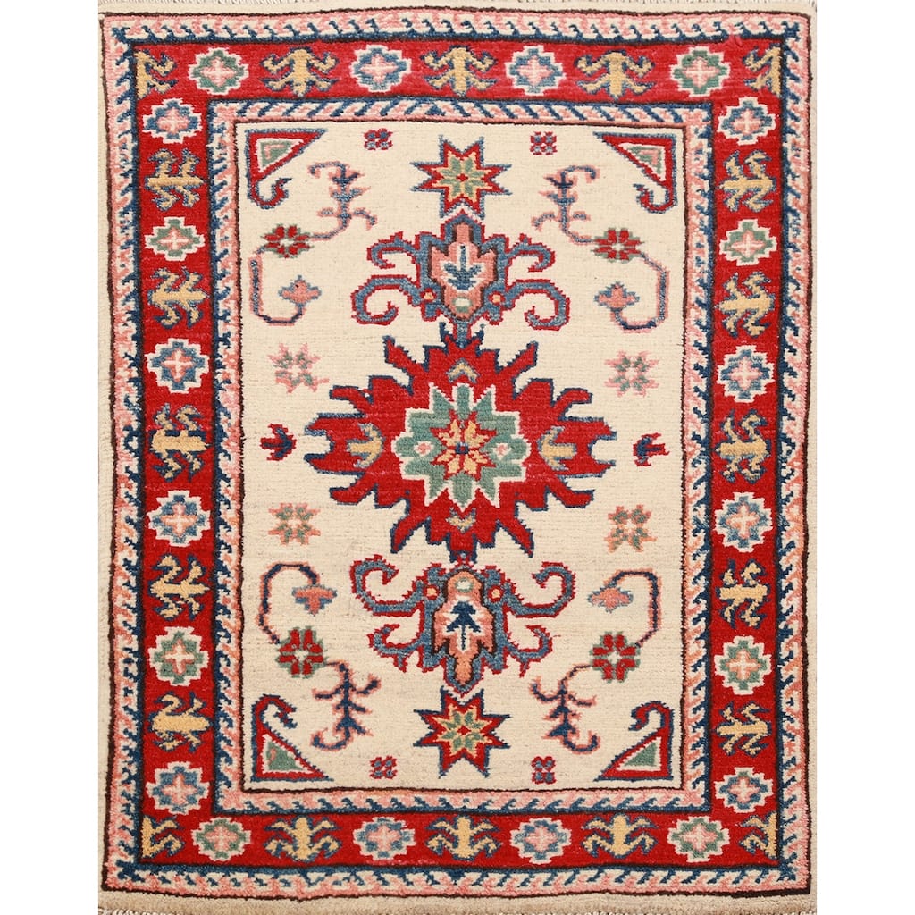 Ivory Kazak Oriental Accent Foyer Rug Handmade Wool Carpet - 2'0"x 3'0"