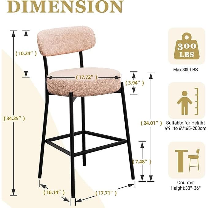 XINMICS 24 Inches Modern Counter Height Bar Stools with Curved Back Metal Legs, Upholstered Boucle Barstools, Set of 2/3/4