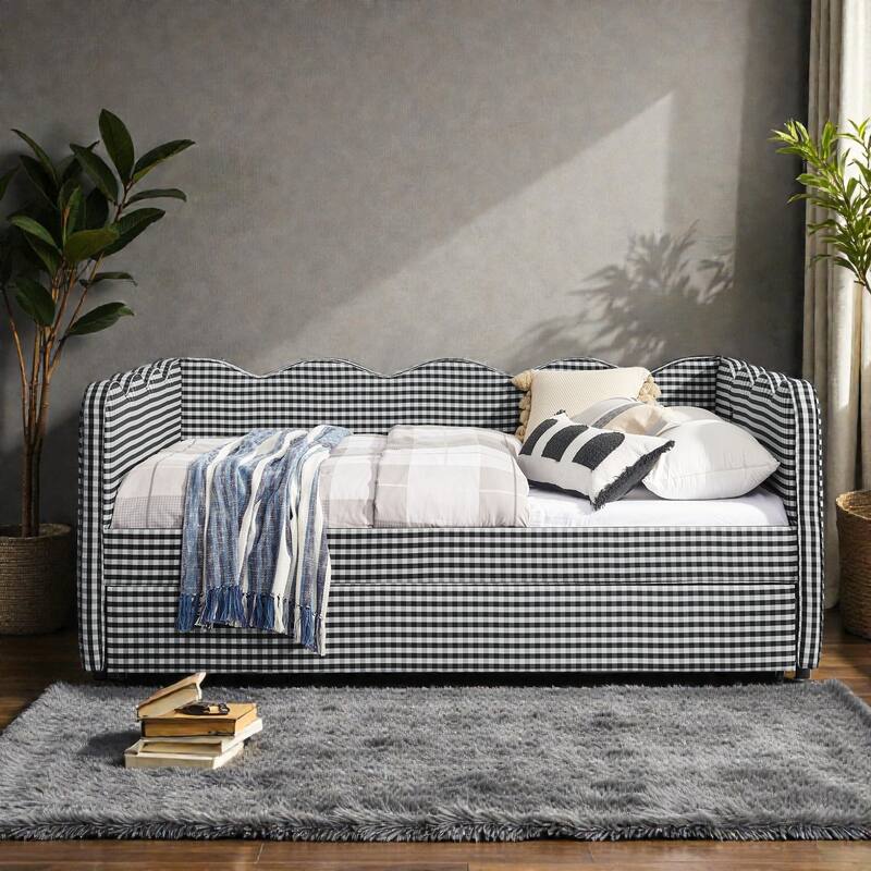 Full Size Gingham Daybed with Twin Trundle, Linen Sofa Bed with USB Port and Wave Shaped Design